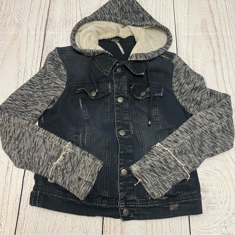 Free People Hooded Denim Knit Jacket in Dark Blue/Black with Gray Medium